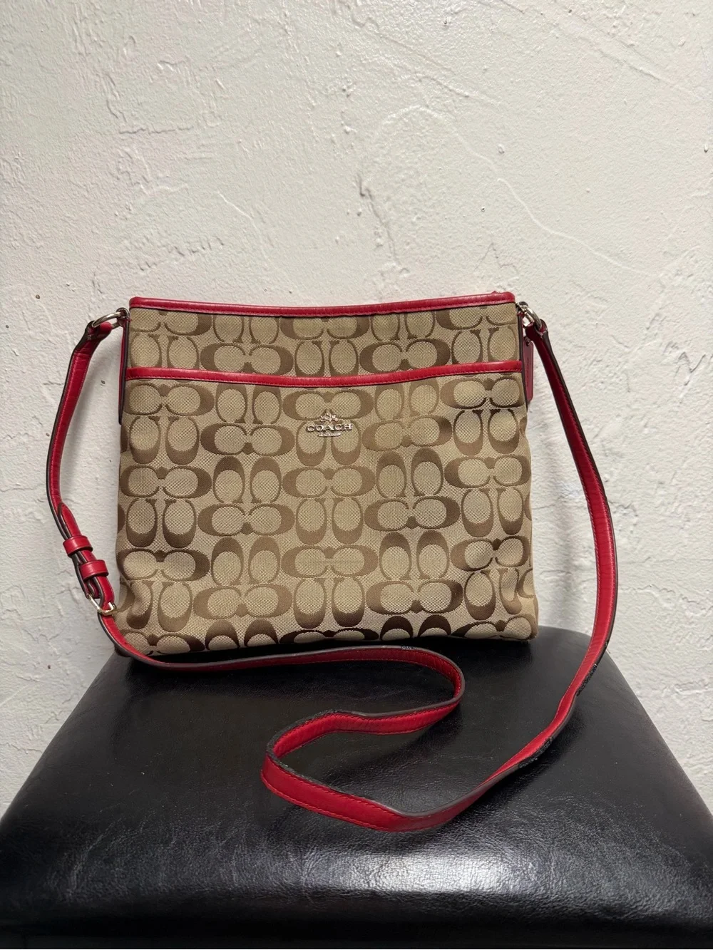 Coach Signature Canvas File Crossbody Bag in Khaki/Classic Red, model F36378